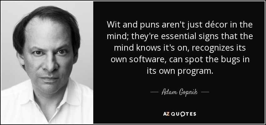 Wit and puns aren't just décor in the mind; they're essential signs that the mind knows it's on, recognizes its own software, can spot the bugs in its own program. - Adam Gopnik
