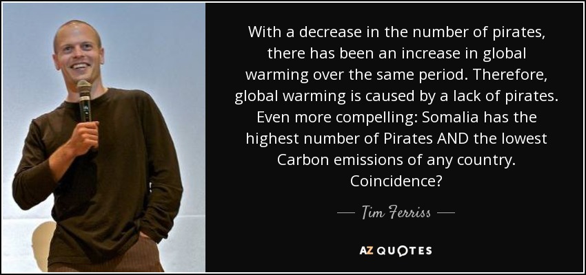 With a decrease in the number of pirates, there has been an increase in global warming over the same period. Therefore, global warming is caused by a lack of pirates. Even more compelling: Somalia has the highest number of Pirates AND the lowest Carbon emissions of any country. Coincidence? - Tim Ferriss