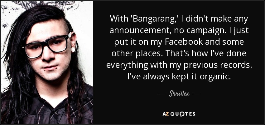 With 'Bangarang,' I didn't make any announcement, no campaign. I just put it on my Facebook and some other places. That's how I've done everything with my previous records. I've always kept it organic. - Skrillex