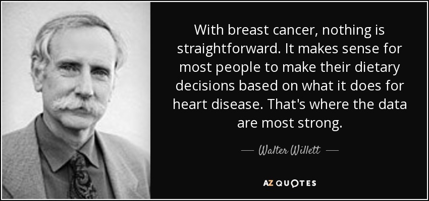 With breast cancer, nothing is straightforward. It makes sense for most people to make their dietary decisions based on what it does for heart disease. That's where the data are most strong. - Walter Willett