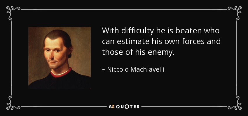 With difficulty he is beaten who can estimate his own forces and those of his enemy. - Niccolo Machiavelli