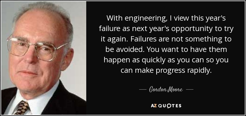 With engineering, I view this year's failure as next year's opportunity to try it again. Failures are not something to be avoided. You want to have them happen as quickly as you can so you can make progress rapidly. - Gordon Moore