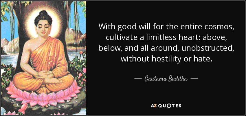 With good will for the entire cosmos, cultivate a limitless heart: above, below, and all around, unobstructed, without hostility or hate. - Gautama Buddha