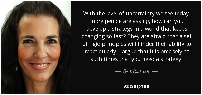 With the level of uncertainty we see today, more people are asking, how can you develop a strategy in a world that keeps changing so fast? They are afraid that a set of rigid principles will hinder their ability to react quickly. I argue that it is precisely at such times that you need a strategy. - Orit Gadiesh