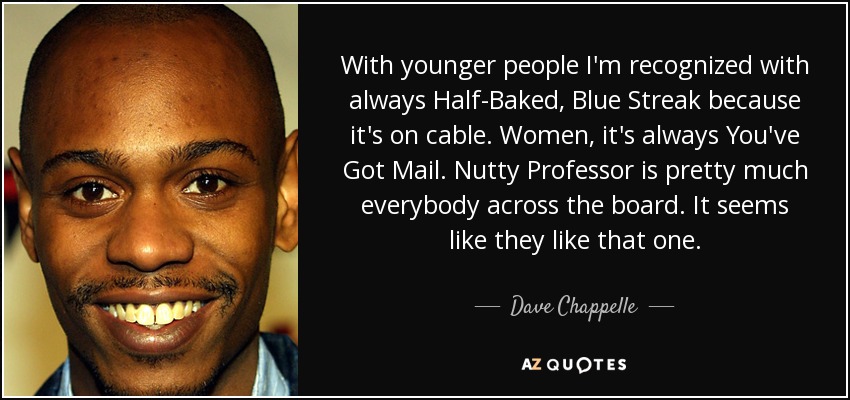 With younger people I'm recognized with always Half-Baked, Blue Streak because it's on cable. Women, it's always You've Got Mail. Nutty Professor is pretty much everybody across the board. It seems like they like that one. - Dave Chappelle