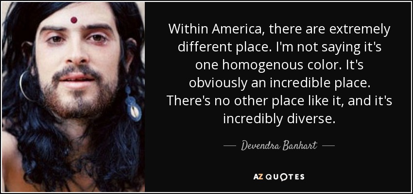 Within America, there are extremely different place. I'm not saying it's one homogenous color. It's obviously an incredible place. There's no other place like it, and it's incredibly diverse. - Devendra Banhart