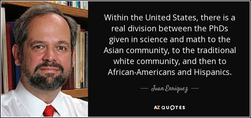 Within the United States, there is a real division between the PhDs given in science and math to the Asian community, to the traditional white community, and then to African-Americans and Hispanics. - Juan Enriquez