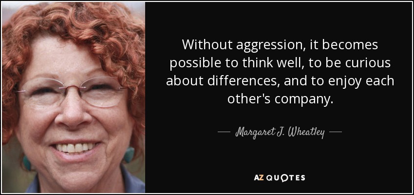 Without aggression, it becomes possible to think well, to be curious about differences, and to enjoy each other's company. - Margaret J. Wheatley