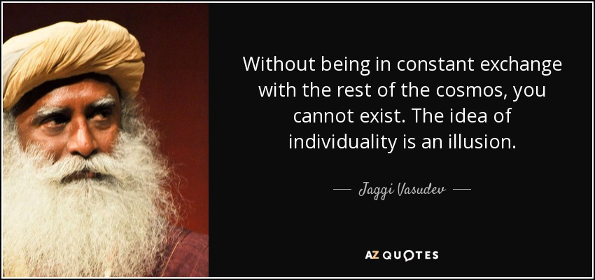 Without being in constant exchange with the rest of the cosmos, you cannot exist. The idea of individuality is an illusion. - Jaggi Vasudev