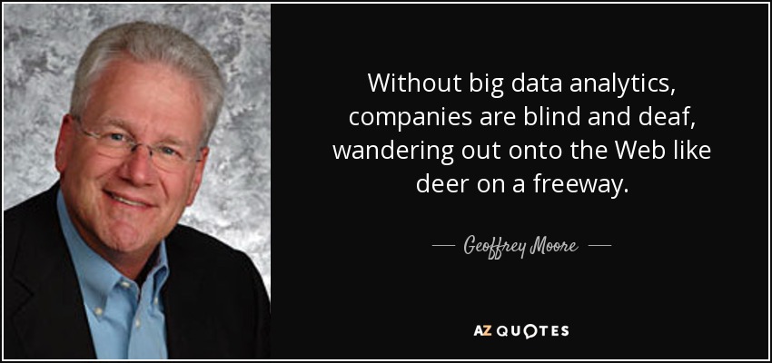 Without big data analytics, companies are blind and deaf, wandering out onto the Web like deer on a freeway. - Geoffrey Moore
