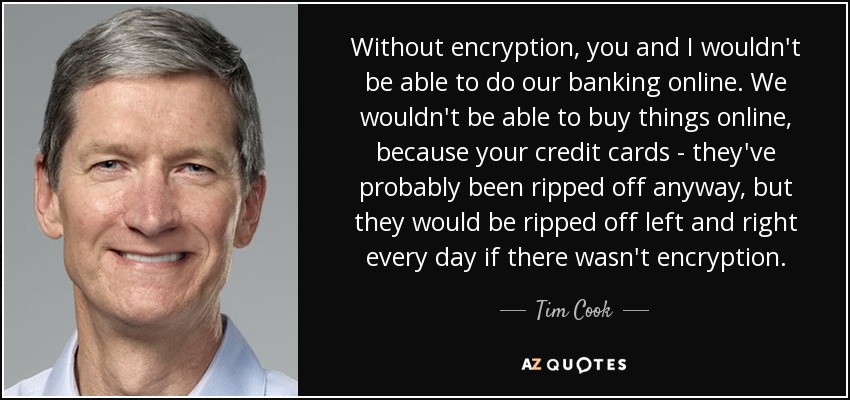 Without encryption, you and I wouldn't be able to do our banking online. We wouldn't be able to buy things online, because your credit cards - they've probably been ripped off anyway, but they would be ripped off left and right every day if there wasn't encryption. - Tim Cook