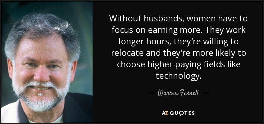 Without husbands, women have to focus on earning more. They work longer hours, they're willing to relocate and they're more likely to choose higher-paying fields like technology. - Warren Farrell