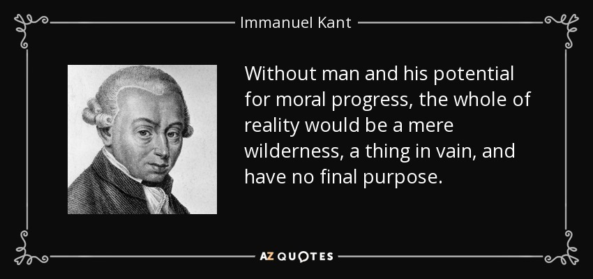 Without man and his potential for moral progress, the whole of reality would be a mere wilderness, a thing in vain, and have no final purpose. - Immanuel Kant