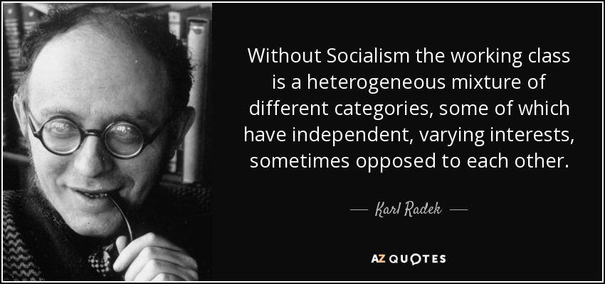 Without Socialism the working class is a heterogeneous mixture of different categories, some of which have independent, varying interests, sometimes opposed to each other. - Karl Radek