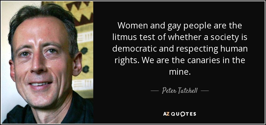 Women and gay people are the litmus test of whether a society is democratic and respecting human rights. We are the canaries in the mine. - Peter Tatchell