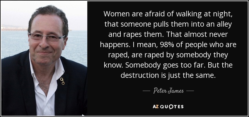 Women are afraid of walking at night, that someone pulls them into an alley and rapes them. That almost never happens. I mean, 98% of people who are raped, are raped by somebody they know. Somebody goes too far. But the destruction is just the same. - Peter James