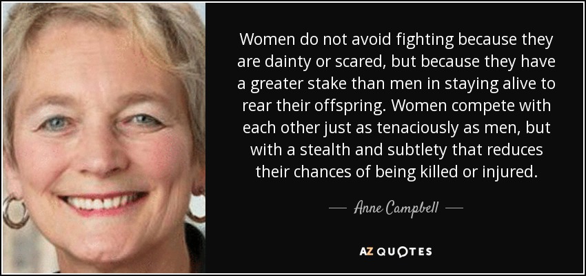 Women do not avoid fighting because they are dainty or scared, but because they have a greater stake than men in staying alive to rear their offspring. Women compete with each other just as tenaciously as men, but with a stealth and subtlety that reduces their chances of being killed or injured. - Anne Campbell