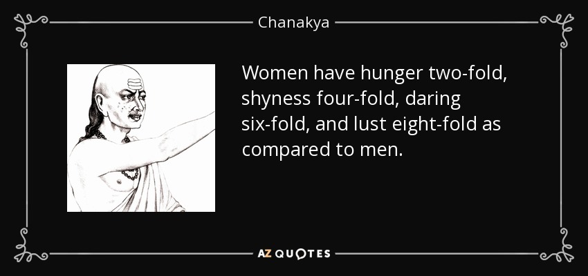 Women have hunger two-fold, shyness four-fold, daring six-fold, and lust eight-fold as compared to men. - Chanakya