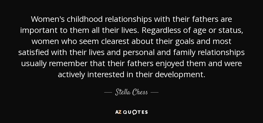 Women's childhood relationships with their fathers are important to them all their lives. Regardless of age or status, women who seem clearest about their goals and most satisfied with their lives and personal and family relationships usually remember that their fathers enjoyed them and were actively interested in their development. - Stella Chess