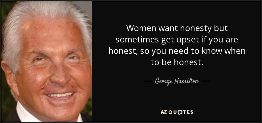 Women want honesty but sometimes get upset if you are honest, so you need to know when to be honest. - George Hamilton