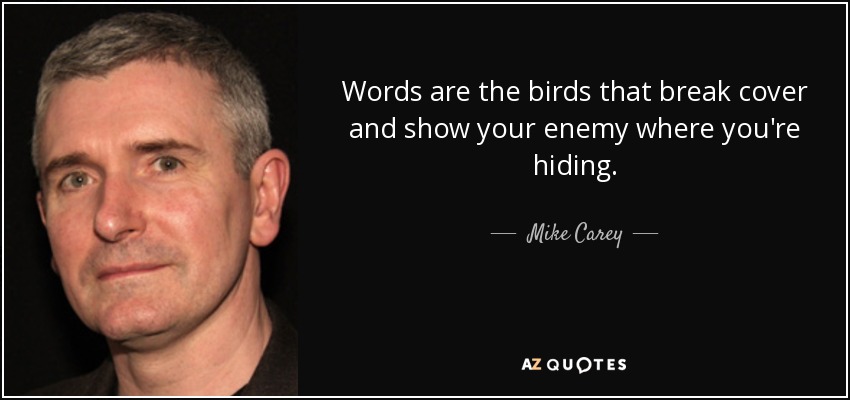 Words are the birds that break cover and show your enemy where you're hiding. - Mike Carey