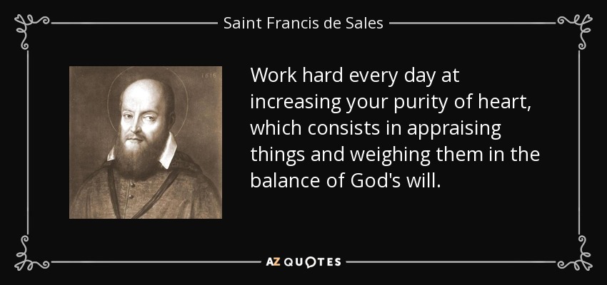 Work hard every day at increasing your purity of heart, which consists in appraising things and weighing them in the balance of God's will. - Saint Francis de Sales