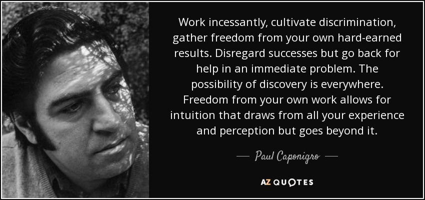 Work incessantly, cultivate discrimination, gather freedom from your own hard-earned results. Disregard successes but go back for help in an immediate problem. The possibility of discovery is everywhere. Freedom from your own work allows for intuition that draws from all your experience and perception but goes beyond it. - Paul Caponigro