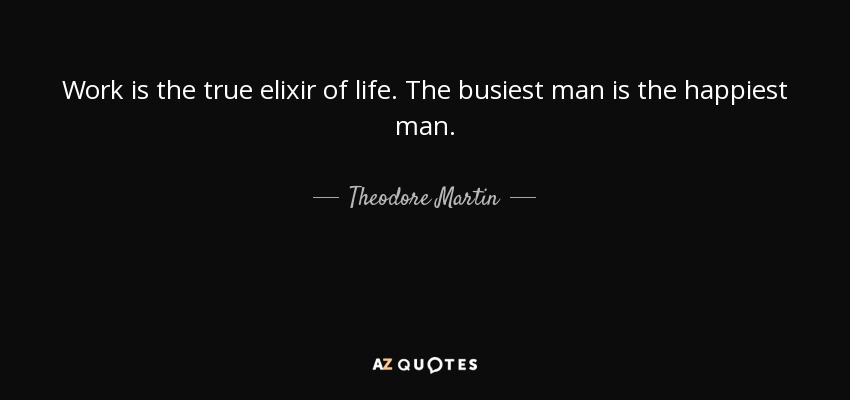 Work is the true elixir of life. The busiest man is the happiest man. - Theodore Martin