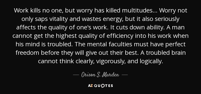 Work kills no one, but worry has killed multitudes… Worry not only saps vitality and wastes energy, but it also seriously affects the quality of one's work. It cuts down ability. A man cannot get the highest quality of efficiency into his work when his mind is troubled. The mental faculties must have perfect freedom before they will give out their best. A troubled brain cannot think clearly, vigorously, and logically. - Orison S. Marden