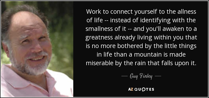 Work to connect yourself to the allness of life -- instead of identifying with the smallness of it -- and you'll awaken to a greatness already living within you that is no more bothered by the little things in life than a mountain is made miserable by the rain that falls upon it. - Guy Finley