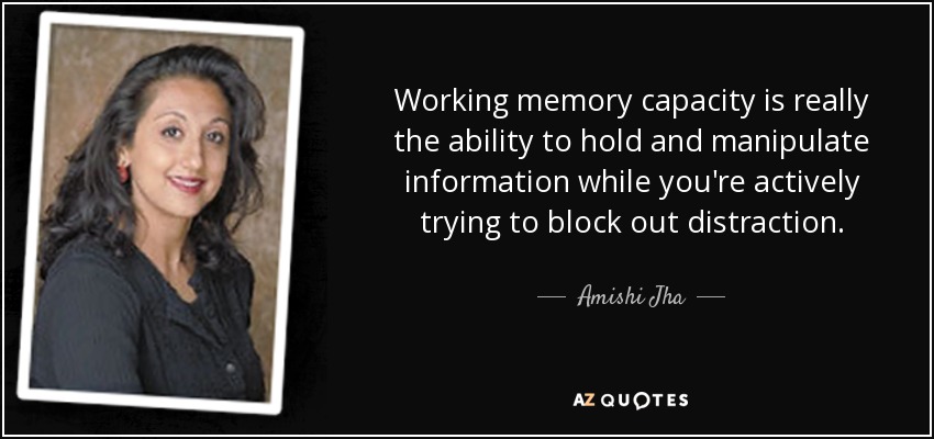 Working memory capacity is really the ability to hold and manipulate information while you're actively trying to block out distraction. - Amishi Jha