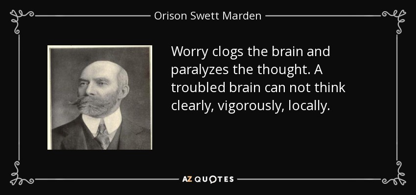 Worry clogs the brain and paralyzes the thought. A troubled brain can not think clearly, vigorously, locally. - Orison Swett Marden