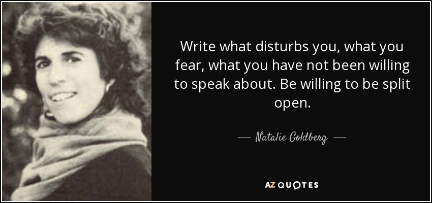 Write what disturbs you, what you fear, what you have not been willing to speak about. Be willing to be split open. - Natalie Goldberg