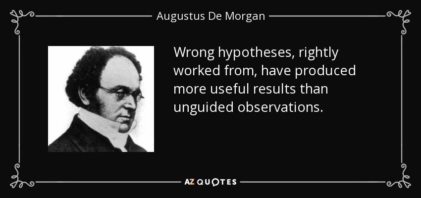 Wrong hypotheses, rightly worked from, have produced more useful results than unguided observations. - Augustus De Morgan
