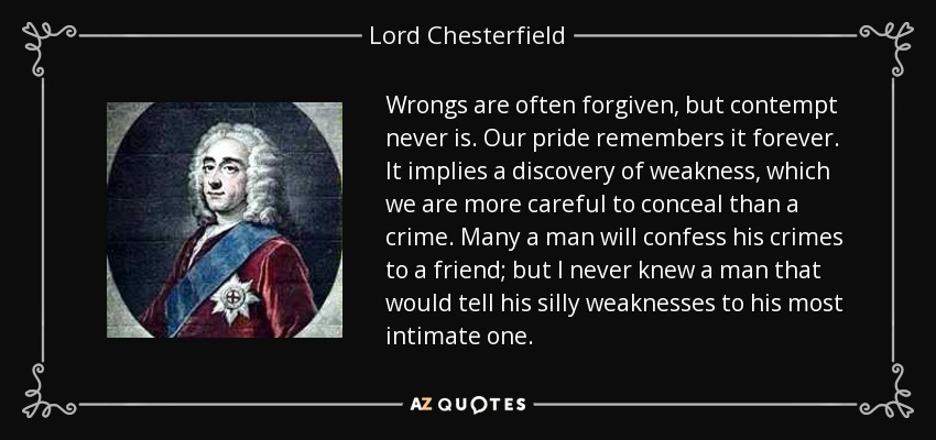 Wrongs are often forgiven, but contempt never is. Our pride remembers it forever. It implies a discovery of weakness, which we are more careful to conceal than a crime. Many a man will confess his crimes to a friend; but I never knew a man that would tell his silly weaknesses to his most intimate one. - Lord Chesterfield