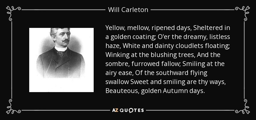 Yellow, mellow, ripened days, Sheltered in a golden coating; O'er the dreamy, listless haze, White and dainty cloudlets floating; Winking at the blushing trees, And the sombre, furrowed fallow; Smiling at the airy ease, Of the southward flying swallow Sweet and smiling are thy ways, Beauteous, golden Autumn days. - Will Carleton