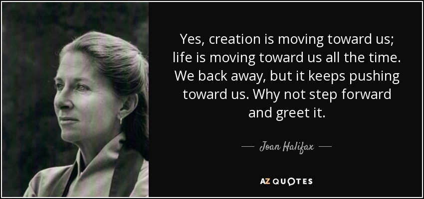 Yes, creation is moving toward us; life is moving toward us all the time. We back away, but it keeps pushing toward us. Why not step forward and greet it. - Joan Halifax