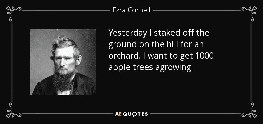 Yesterday I staked off the ground on the hill for an orchard. I want to get 1000 apple trees agrowing. - Ezra Cornell