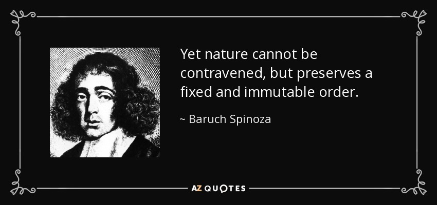 Yet nature cannot be contravened, but preserves a fixed and immutable order. - Baruch Spinoza