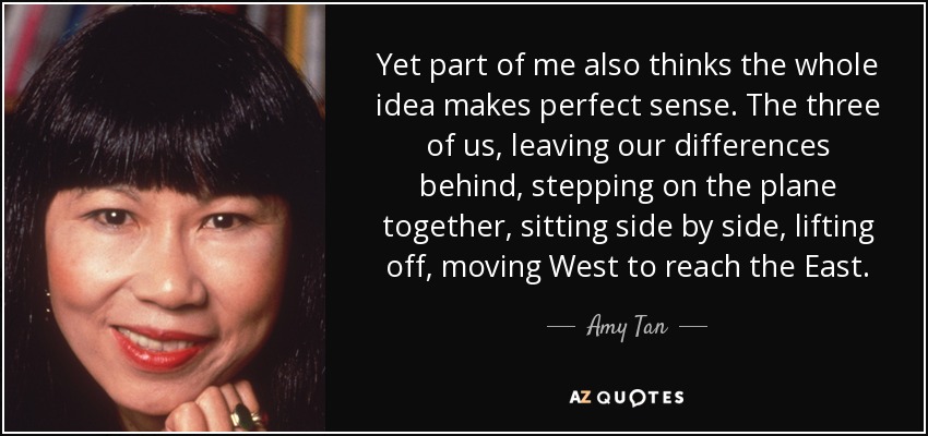 Yet part of me also thinks the whole idea makes perfect sense. The three of us, leaving our differences behind, stepping on the plane together, sitting side by side, lifting off, moving West to reach the East. - Amy Tan