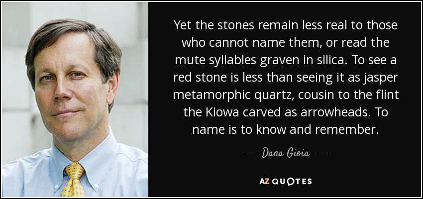 Yet the stones remain less real to those who cannot name them, or read the mute syllables graven in silica. To see a red stone is less than seeing it as jasper metamorphic quartz, cousin to the flint the Kiowa carved as arrowheads. To name is to know and remember. - Dana Gioia