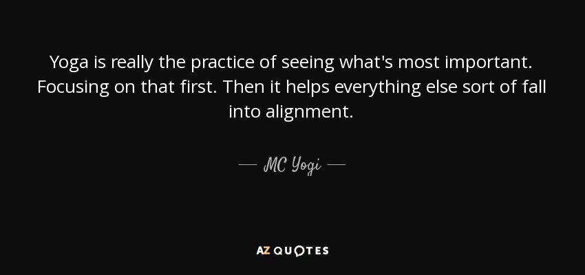Yoga is really the practice of seeing what's most important. Focusing on that first. Then it helps everything else sort of fall into alignment. - MC Yogi