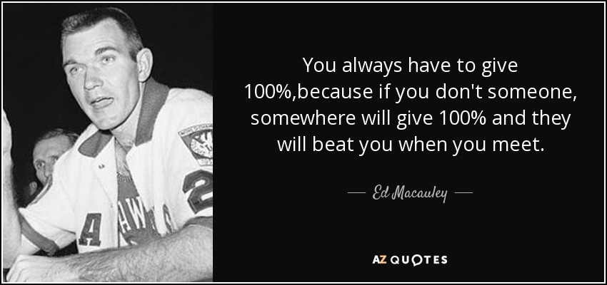 You always have to give 100%,because if you don't someone, somewhere will give 100% and they will beat you when you meet. - Ed Macauley