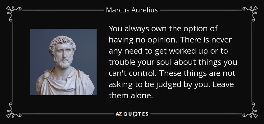 You always own the option of having no opinion. There is never any need to get worked up or to trouble your soul about things you can't control. These things are not asking to be judged by you. Leave them alone. - Marcus Aurelius