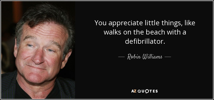 You appreciate little things, like walks on the beach with a defibrillator. - Robin Williams