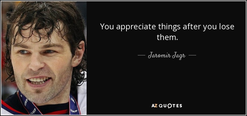 You appreciate things after you lose them. - Jaromir Jagr