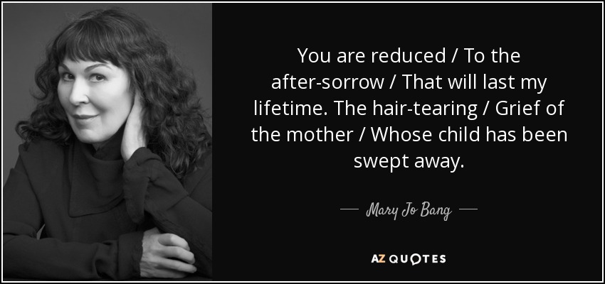 You are reduced / To the after-sorrow / That will last my lifetime. The hair-tearing / Grief of the mother / Whose child has been swept away. - Mary Jo Bang