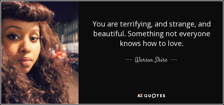 You are terrifying, and strange, and beautiful. Something not everyone knows how to love. - Warsan Shire