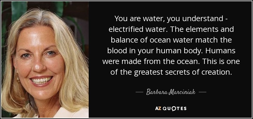 You are water, you understand - electrified water. The elements and balance of ocean water match the blood in your human body. Humans were made from the ocean. This is one of the greatest secrets of creation. - Barbara Marciniak