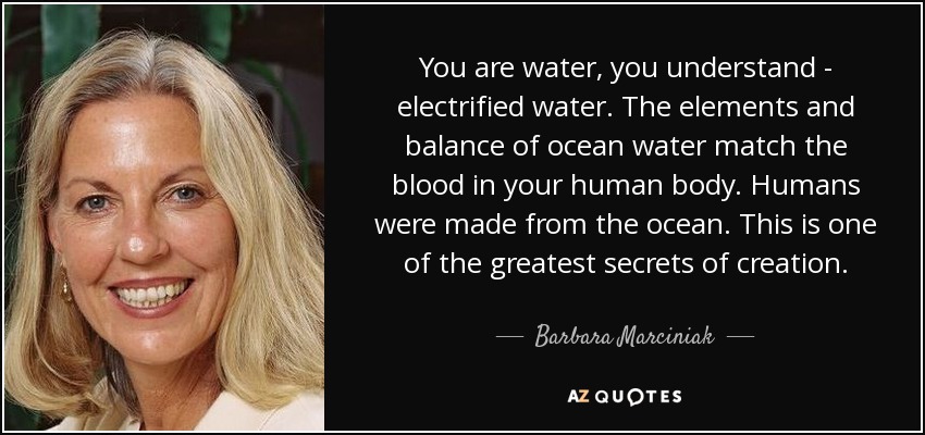 You are water, you understand - electrified water. The elements and balance of ocean water match the blood in your human body. Humans were made from the ocean. This is one of the greatest secrets of creation. - Barbara Marciniak